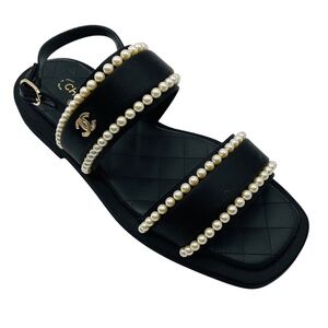 CHANEL BLACK 2022 CRUISE PEARL EMBELLISHED FLAT SATIN SANDALS